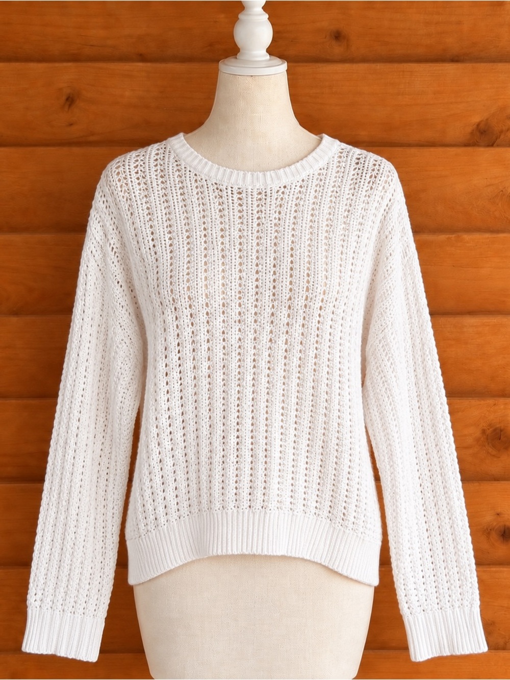 DKNY casual, classic, boho minimalist White Open-Weave Crewneck Sweater size L